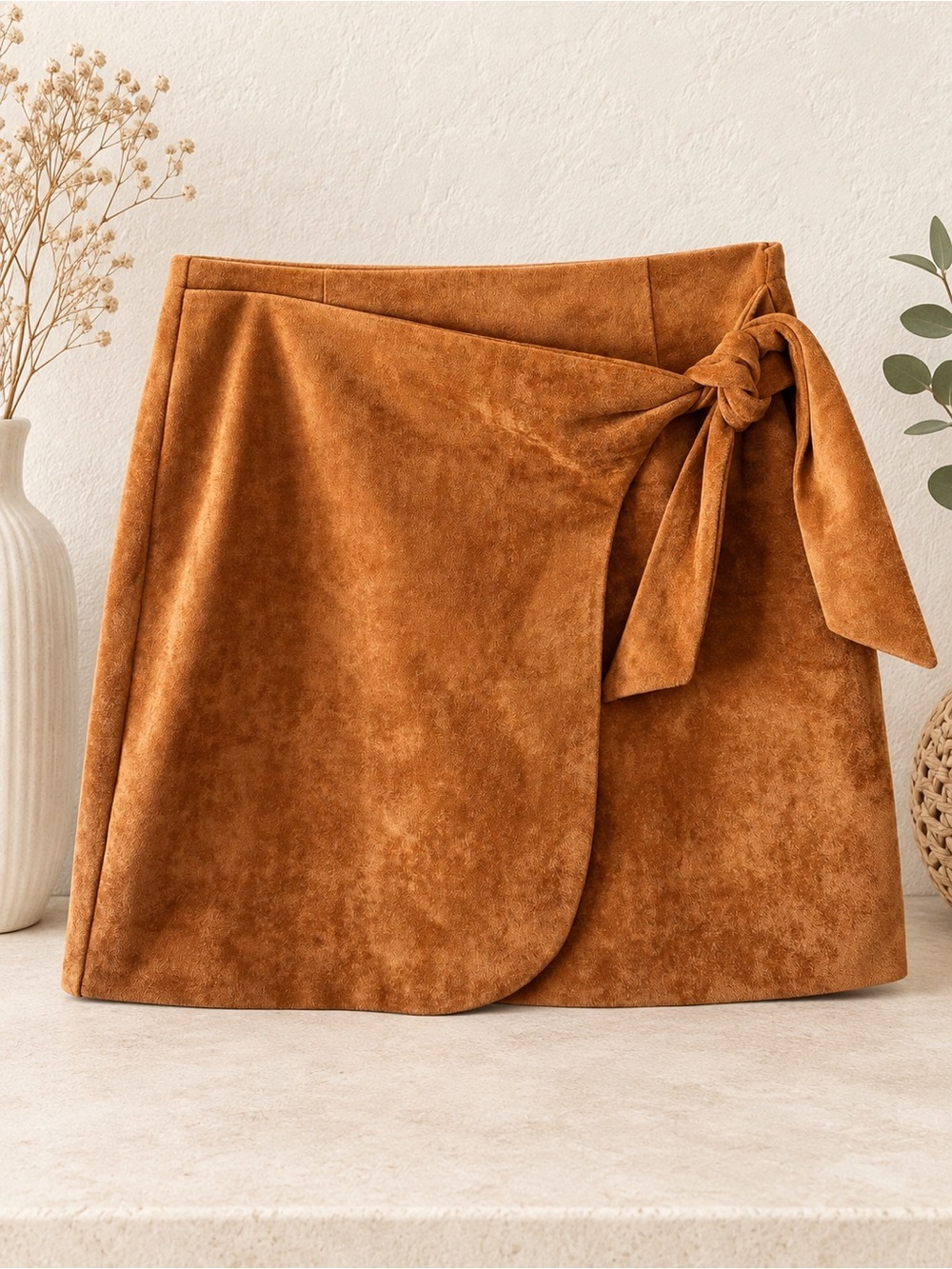 Blank NYC Camel Suede Wrap Mini Skirt with Side Tie